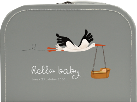 Speels kraamcadeau koffertje met ooievaar en baby