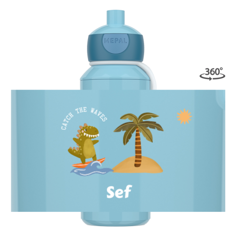 Mepal pop-up drinkfles met naam en dino op surfboard