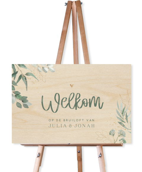 Welkomstbord van hout voor bruiloft botantisch