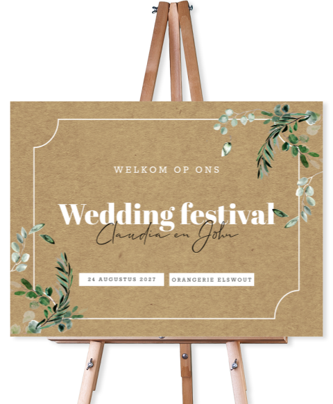 Welkomstbord bruiloft kraftlook botanisch