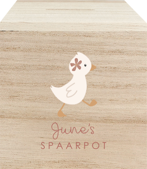 Houten spaarpot met naam en schattig eendje