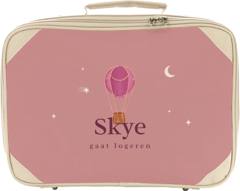 Logeerkoffertje met naam en roze luchtballon in sterrenhemel