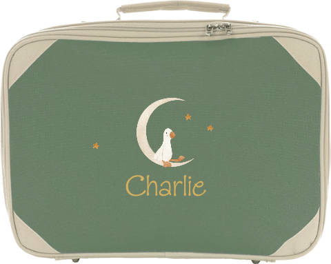 Logeerkoffertje met naam en eendje op de maan