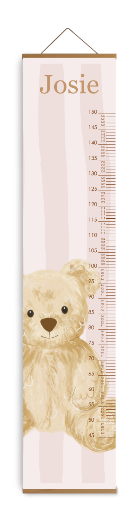 Groeimeter kinderkamer roze gestreept met teddybeer