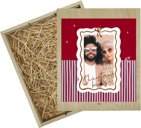 Gepersonaliseerde wijnkist groot kerst met foto, strepen en golvend kader