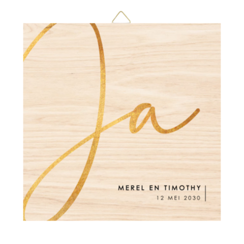 Houten tegel met handlettering ja in goudlook
