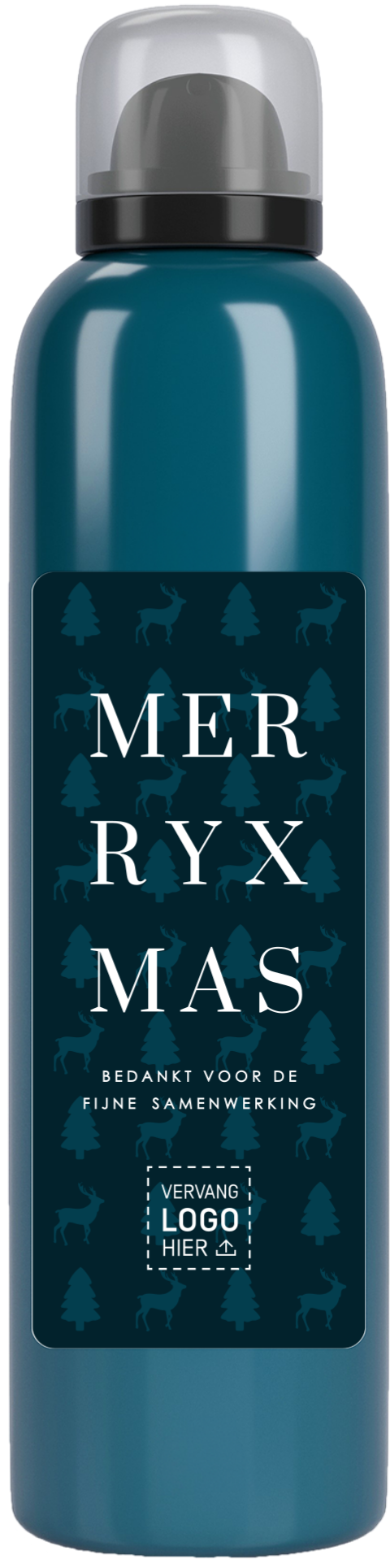 Relatiegeschenk kerst doucheschuim met logo en blauwe kerstelementen