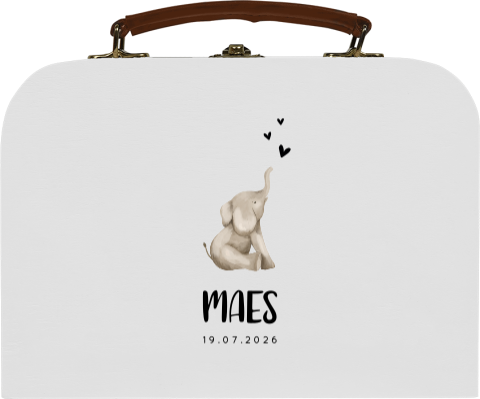 Houten koffertje met naam en lief olifantje