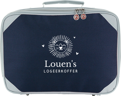 Koffertje met naam en lijntekening leeuw