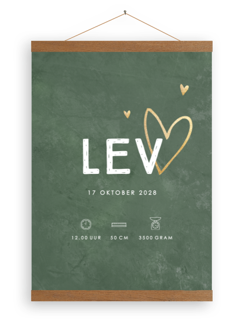 Canvasposter met houten latjes in groen met hartjes