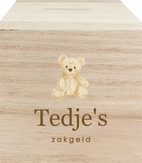 Houten spaarpot met naam en teddybeer