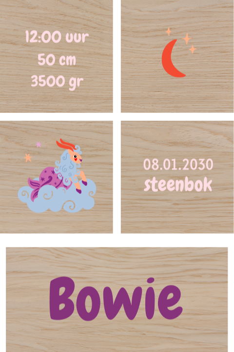 Houten blokken met kleurrijk sterrenbeeld en naam