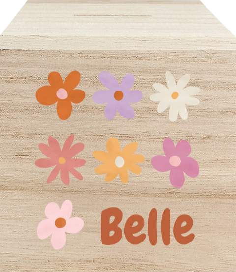 Houten spaarpot met kleurrijke bloemetjes