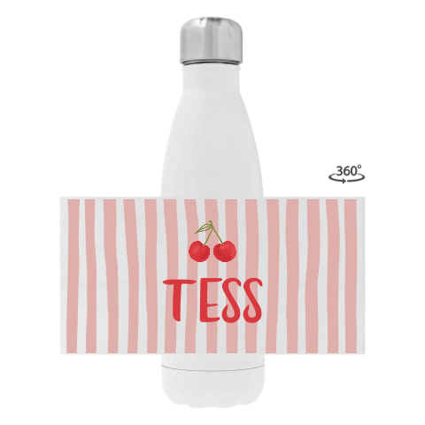 Rvs drinkfles met naam, roze strepen en kersen
