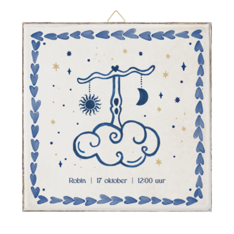 Geboorte tegeltje met illustratie van weegschaal in blauw