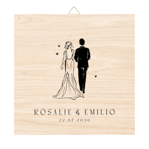 Houten tegel zwart wit met inkttekening van bruidspaar