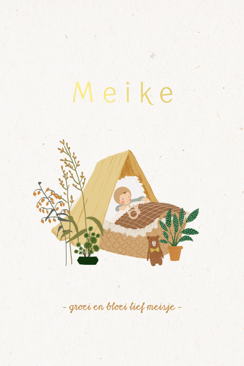 Geboortekaartje met mozes-wiegje, goudfolie en planten