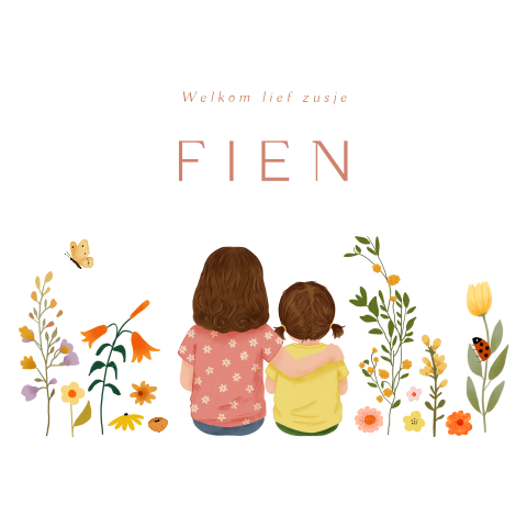Geboortekaartje met bloemen en klein meisje en grote zus