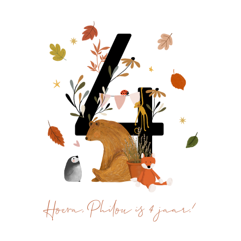 Vierkante verjaardagskaart met grote vier en illustraties