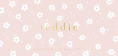 Lief geboortekaartje met witte bloemen en goudfolie