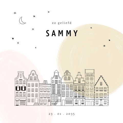 Lief vierkant geboortekaartje met Amsterdamse grachtenpandjes