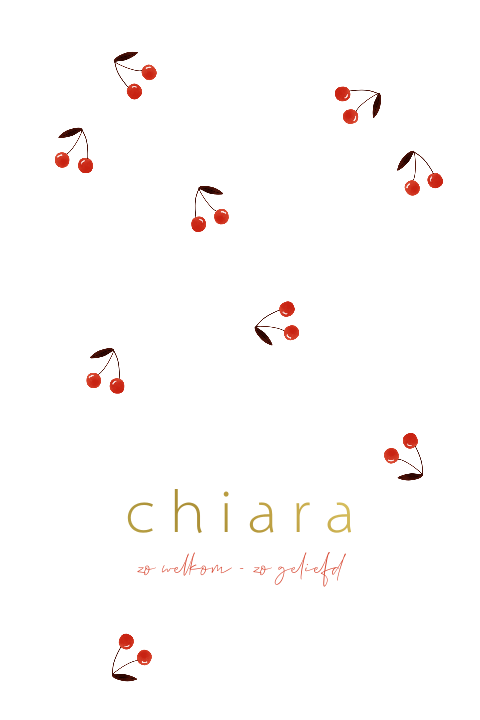 Enkel staand geboortekaartje met kersen en goudfolie