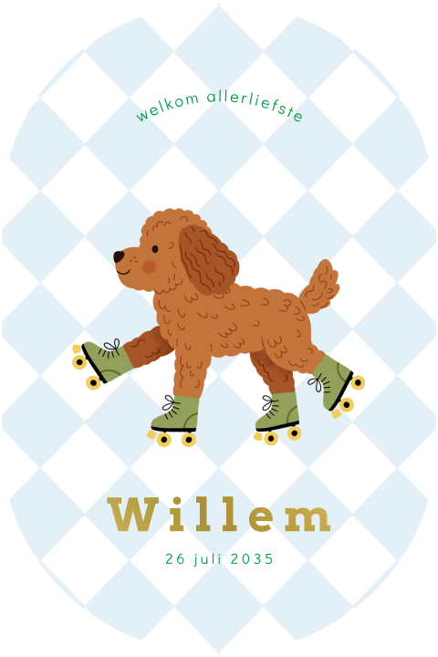 Ovaal geboortekaartje met een bruine rolschaatsende labradoodle