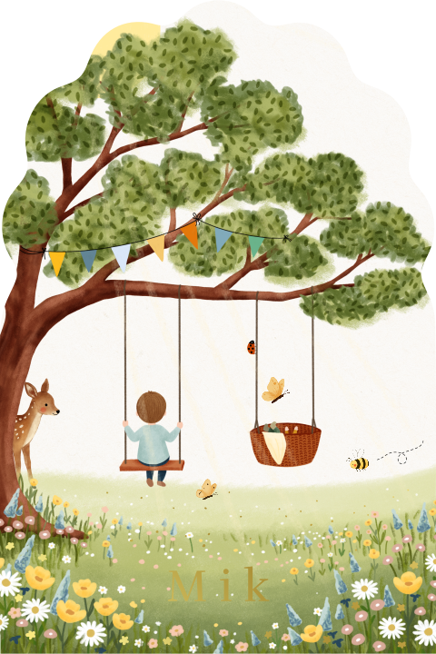 Lente kaartje met schommels, grote broer en foliedruk