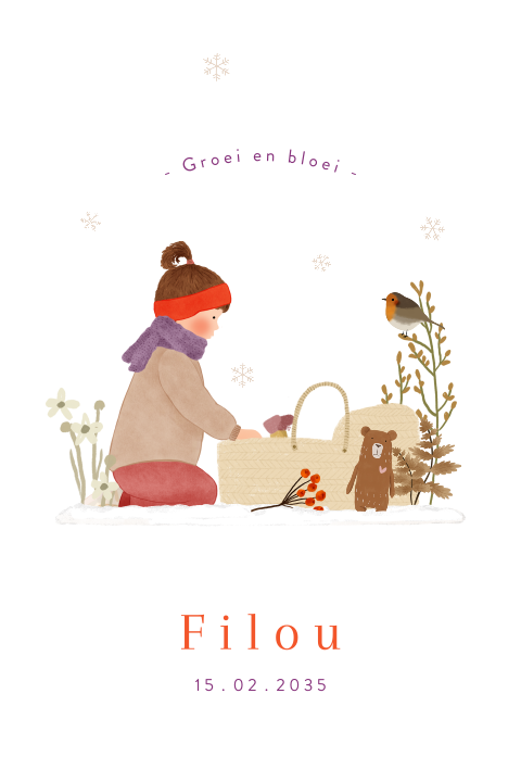 Winters geboortekaartje met een reiswiegje, sneeuw en een grote zus