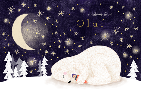 Winters geboortekaartje met een ijsbeer, baby, sterren en de maan