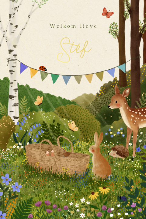 Boskaartje met folie, bloemen, dieren en een baby'tje