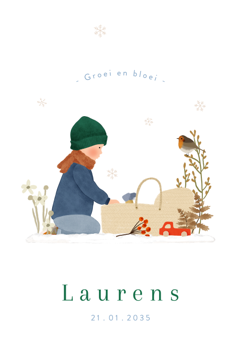 Boog stanskaartje met een reiswiegje, sneeuw en een grote broer