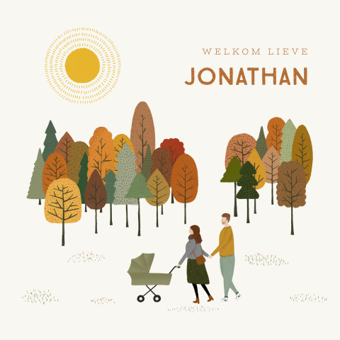 Geboortekaartje met ouders, kinderwagen en herfstbomen