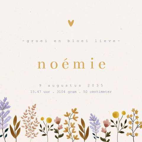 Geboortetegeltje met bloemen, de naam en geboortegegevens