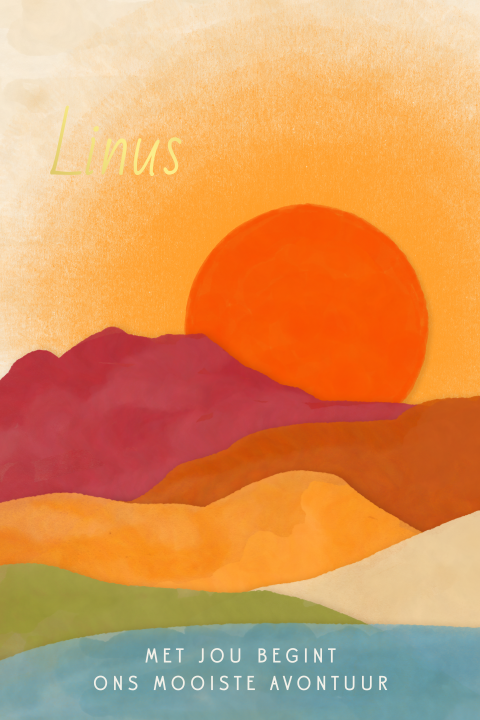 Kleurrijk geboortekaartje van bergen en een ondergaande zon