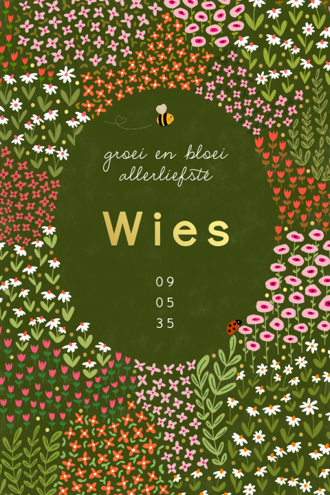 Foliekaartje met bloemen, een bijtje, lieveheersbeestje en folie