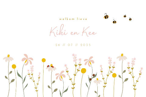 Tweeling geboortekaartje met bloemen en bijtjes