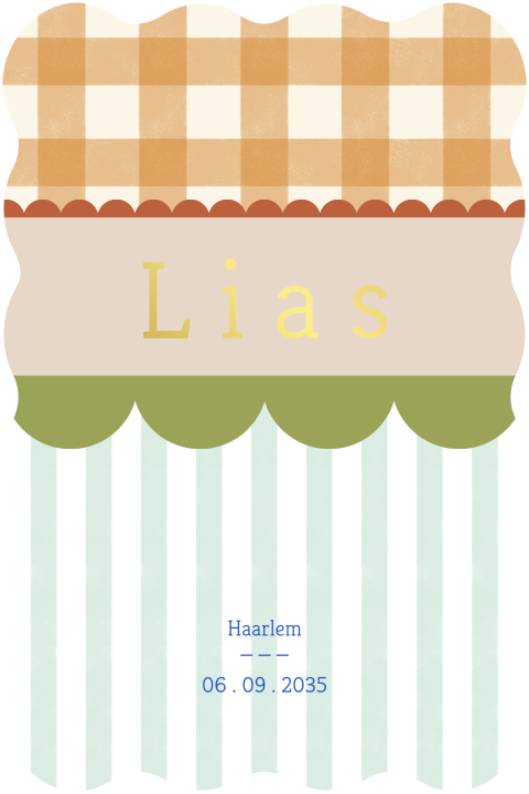 Vrolijk geboortekaartje met ruitjes, streepjes, boogjes en foliedruk