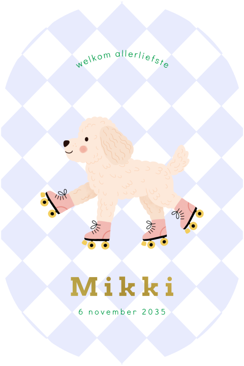 Ovaal geboortekaartje met een witte labradoodle op rolschaatsen