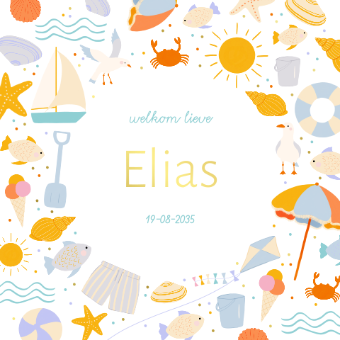 Zomers geboortekaartje met strand illustraties