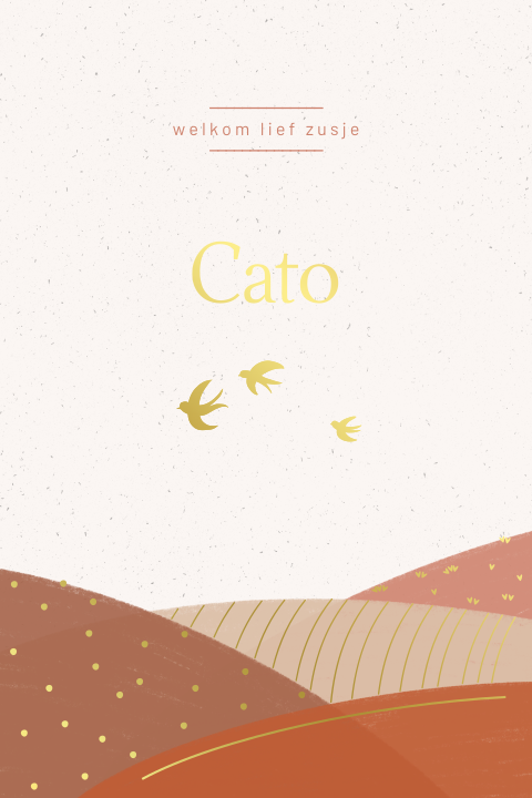 Geboortekaartje met goudfolie, heuvels en drie zwaluwen