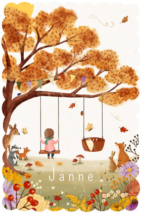 Herfst kaartje met een grote zus, schommels en schulprand