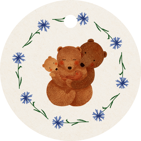Rond label met blauwe bloemen, een beren-familie