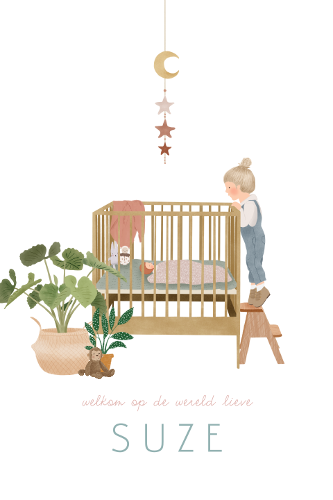 Geboortekaartje met baby zusje in de box en grote zus die komt kijken