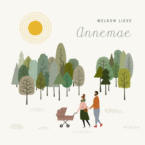 Geboortekaartje met bomen, zon, ouders en de baby in de kinderwagen