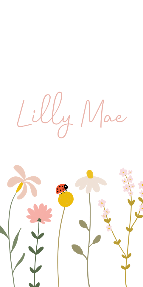 Een vrolijk label met bloemen en een lieveheersbeestje