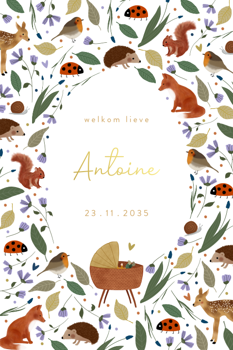 Foliekaartje met bosdieren, bloemen en een wiegje
