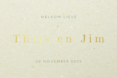 Stoer geboortekaartje voor een tweeling met de namen in goudfolie