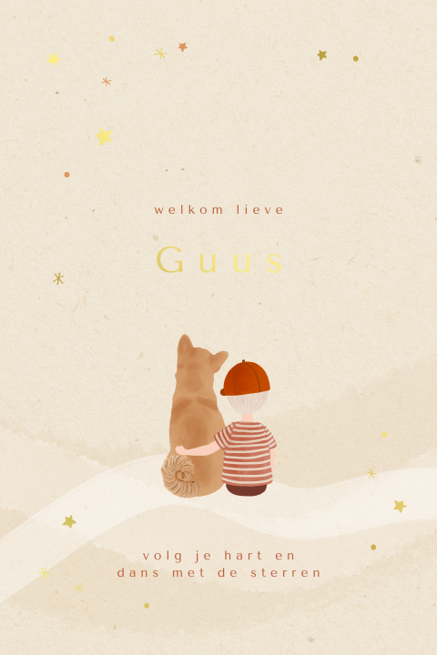 Geboortekaartje sterren, folie, een kindje en een hond