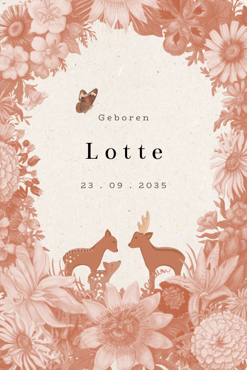 Bruin geboortekaartje met bloemen en hertjes